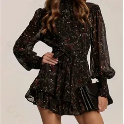 Half High Collar Mini Dress Perspective Long Sleeve Belt Floral Print A-Line Ruffle Hem Women Dress Casual Clothes