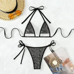 Black Shiny Triangle Swimwear Halter String Bikini Set Sexy Swimsuit Women Micro Thong Bathing Suit Bikinis 2026 De Mujer Bather