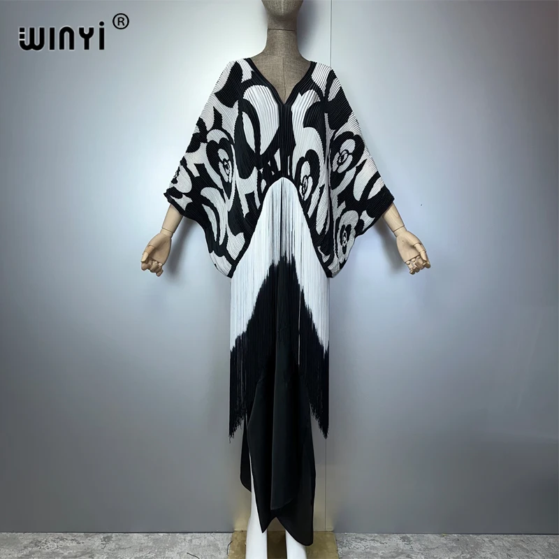 WINYI Gradual tassel dress Women crumple Design Loose boho robe Maxi Long Femme Vestidos holiday Party Elegant Pleated dress