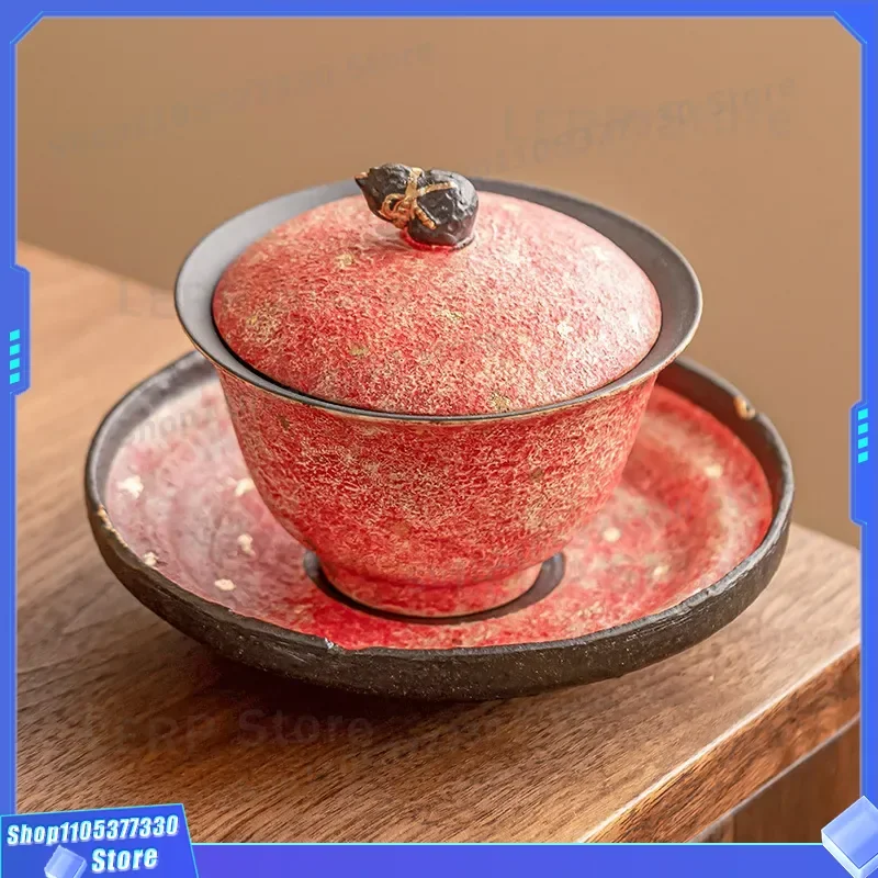 Luxury Sancai Ceramic Tea Bowl with Lid Gold Sprinkled Fulu Pattern Large Cup Household Rock Mine Colored Pottery High Value