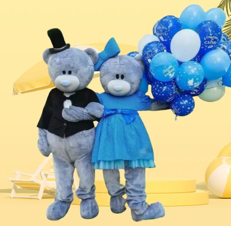 

Cool Black Coat Blue Dress Bear Mascot Costume Adults Cartoon Doll Clothes Halloween Christmas Fancy Party Accessories