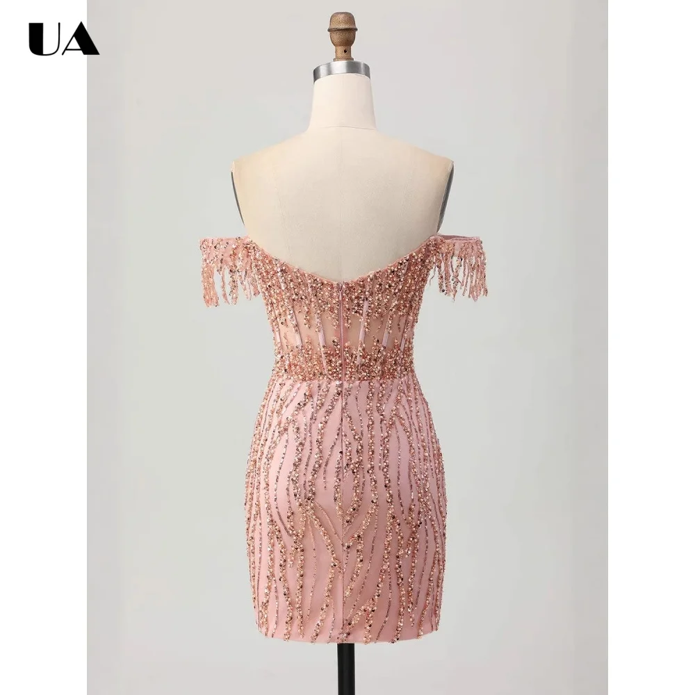 

ULBYANRY Customized Sheath Off-the-shoulder Tassel Evening Dress for Woman, Exquisite Beading Party Dress, Formal Mini Ball Gown