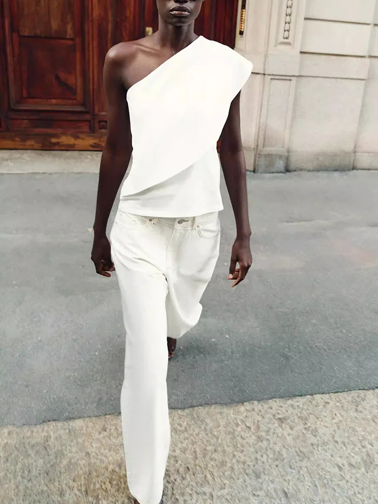 

Sweet Short Sleeve Shoulder Bared Asymmetrical Pure Color Top New Arrival Women's Fashion Summer Collection 2026