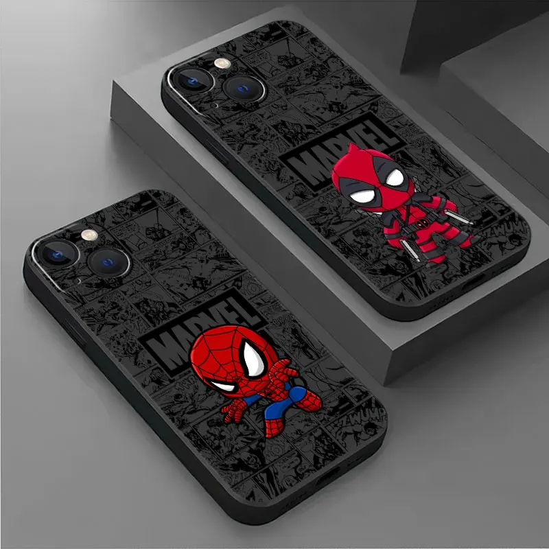 Comics Marvel SpiderMan Deadpool Case For iPhone 15 Plus 14 13 Pro Max 12 Mini 11 X XS XR 7 8 8Plus Black Soft Phone Coque