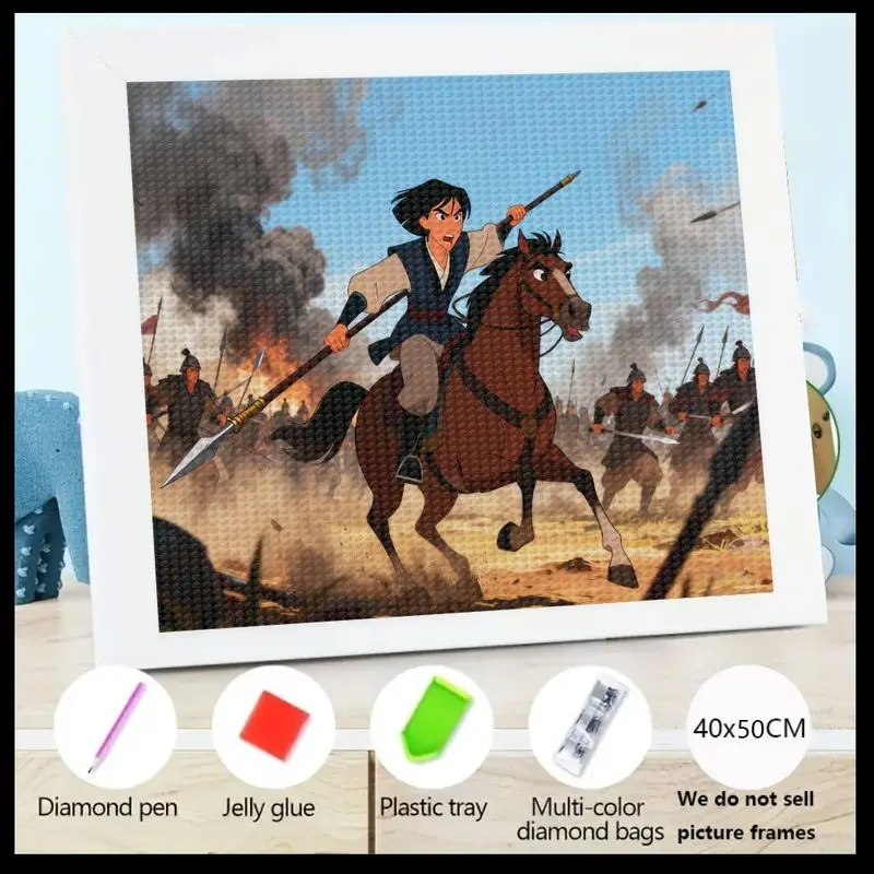 

1 шт. 5D DIY Мулан Воин Принцесса Набор алмазной живописи, Эпическая боевая сцена, полная дрель, набор для вышивки стразами, 40x50 см, большой размер