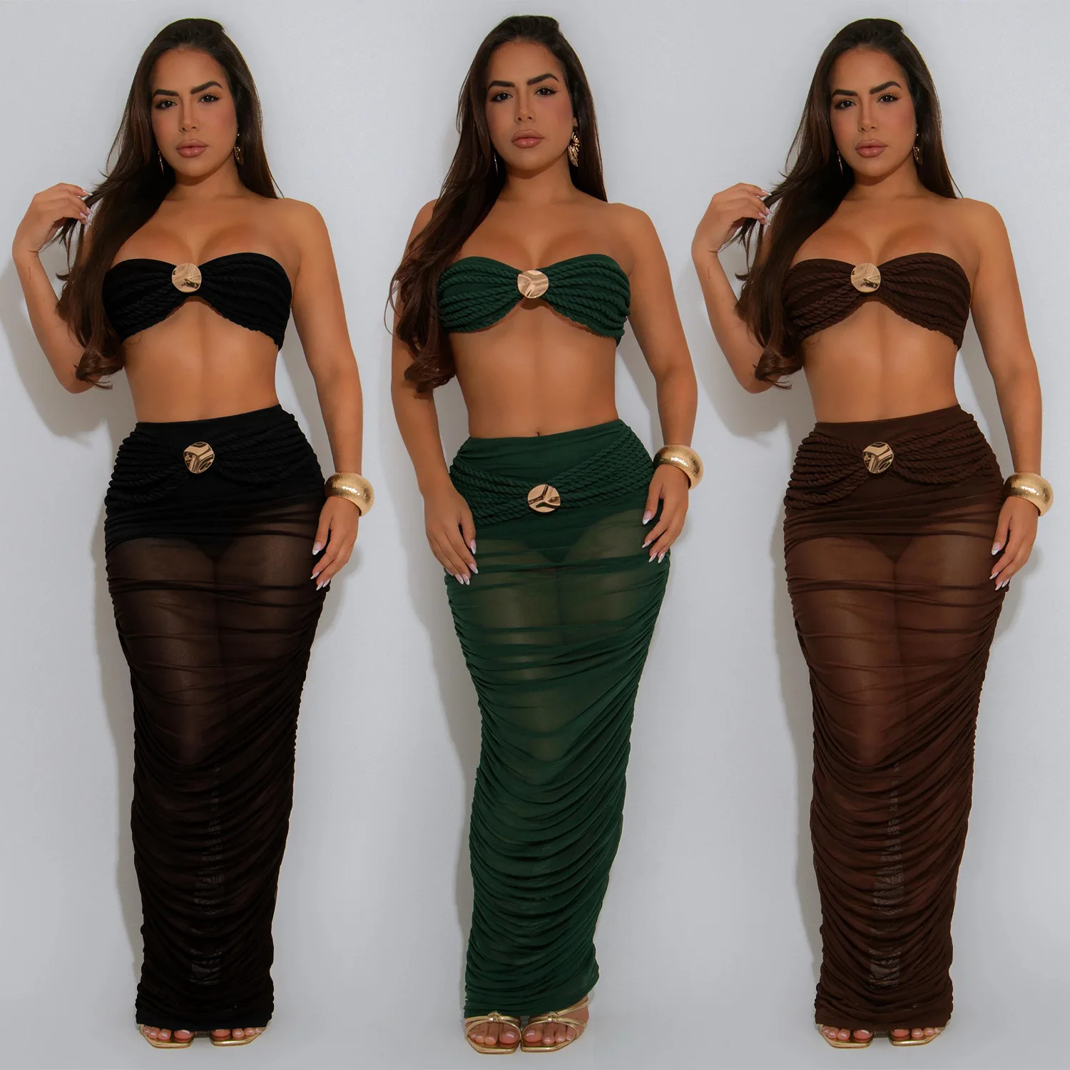 Women's Set Mesh Ruched Sleeveless Strapless Tops and Long Skirts Suit Fall Sexy Party Birthday Holiday Two 2 Piece Set