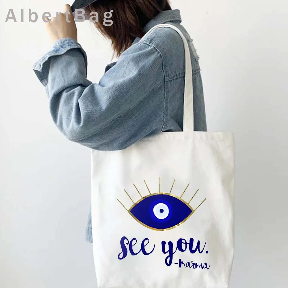 Colorful Nazar Blue Evil Eye Hamsa Hand Girl Greek Turkish Shopper Canvas Tote Bag Amulet GREECE Shoulder Cotton Female Handbags