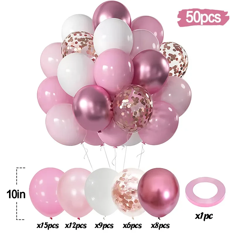 50-delige Macaron roze en paarse ballonset - metallic en confettiballonnen voor bruiloften, verjaardagen, binnen- en buitenfeestdecoratie