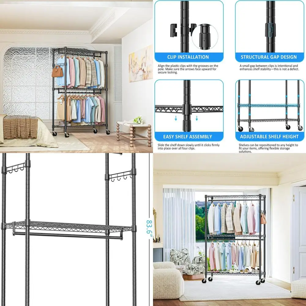 

Extra Large Mobile Clothes Rack - 3-Tier Adjustable Shelves, Hanging Bar & Side Hooks, Black