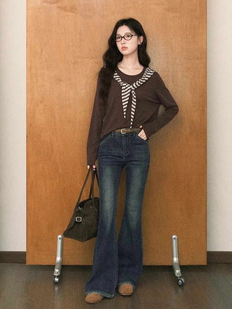 

ALXNAN женский пуловер с длинными рукавами, полосатая шаль, вязаный свитер, новинка 2025, нишевый стиль, свободный крой, повседневный универсальный топ L57169-1