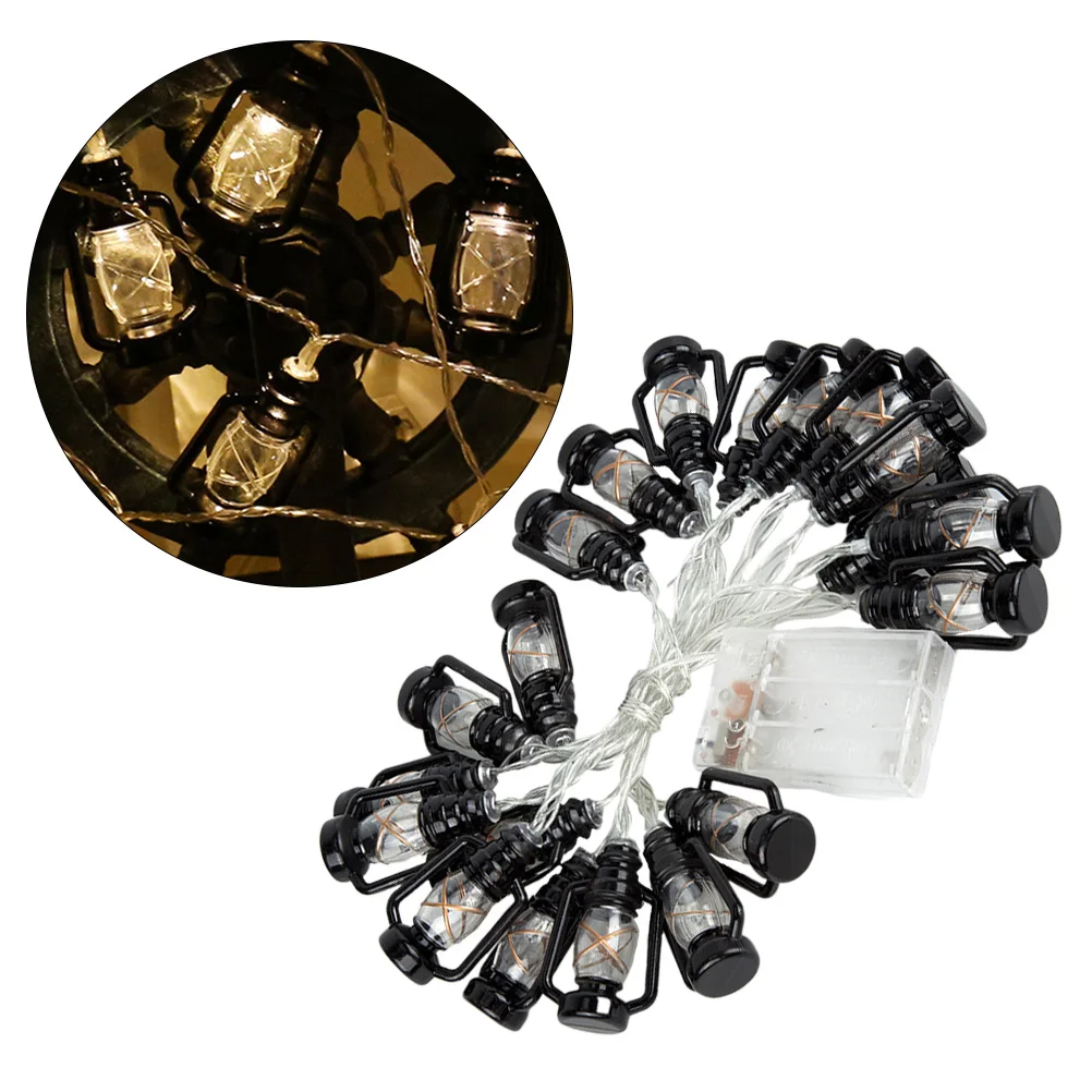 2 متر 20 مصباح على شكل سلسلة أضواء فانوس ريترو LED لتزيين حفلات الزفاف ومهرجان عيد الميلاد باللون الأسود