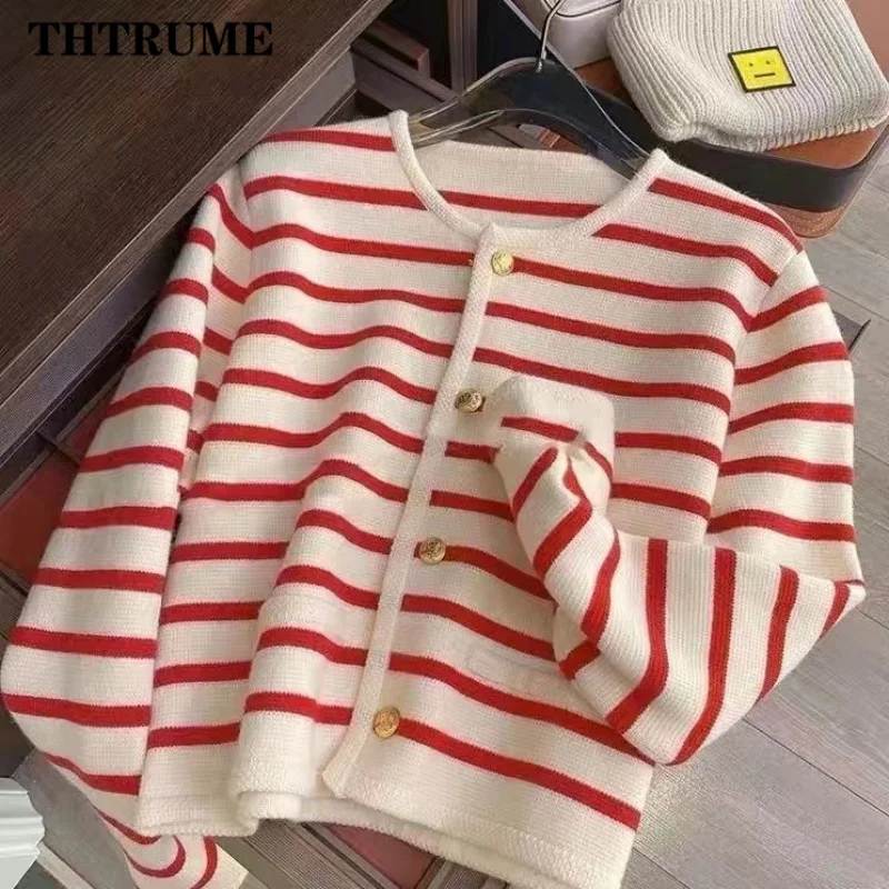 Women Fashion Warm Sweater Autumn Winter Knitted Striped O-Neck Single Breasted Jumper Casual Office Lady Long Sleeve Cardigan