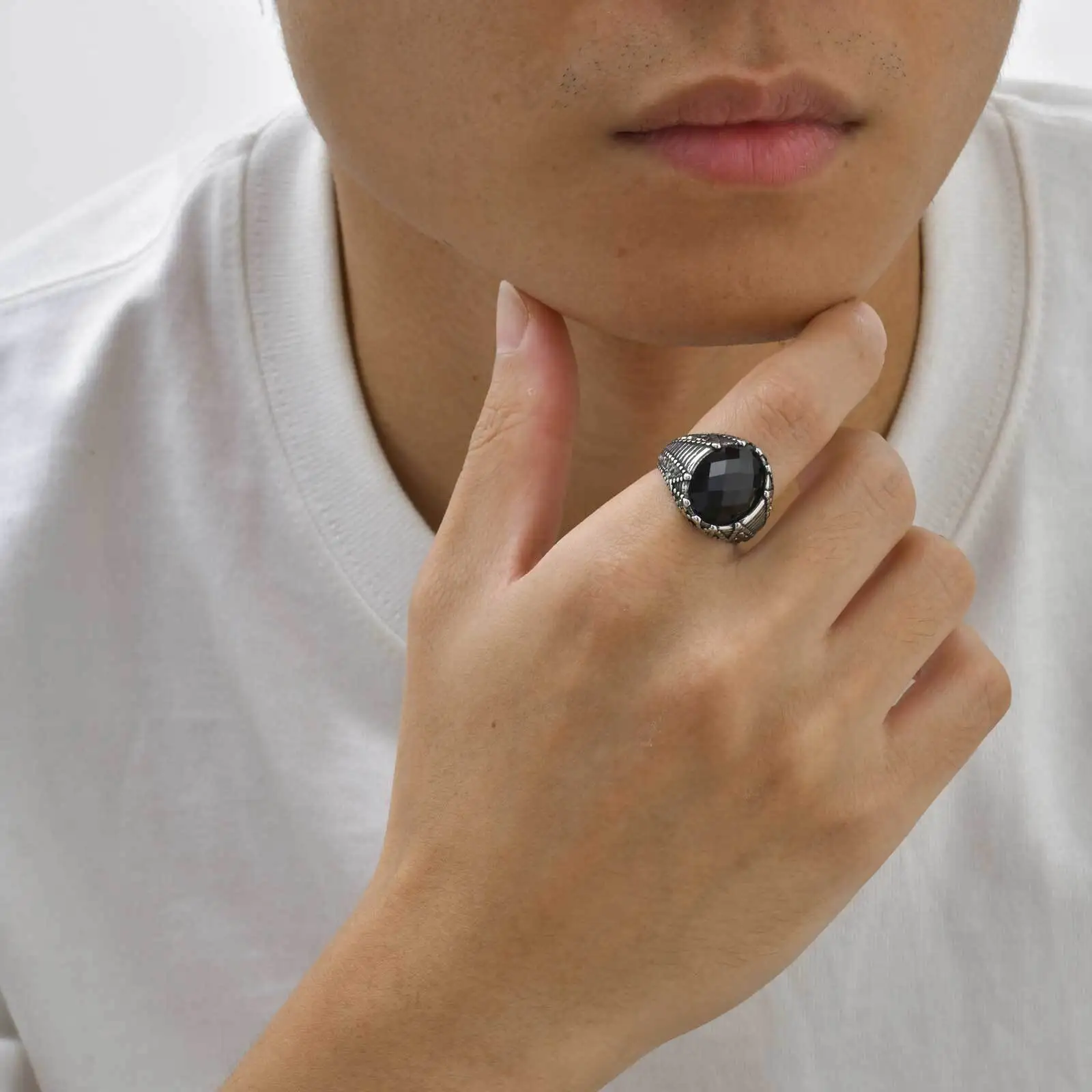 Vnox Rock Punk Stylish Stainless Steel Rings for Men, Onyx Stone Black Glass Option Ring, Party Wedding Fashion Jewelry Gift New