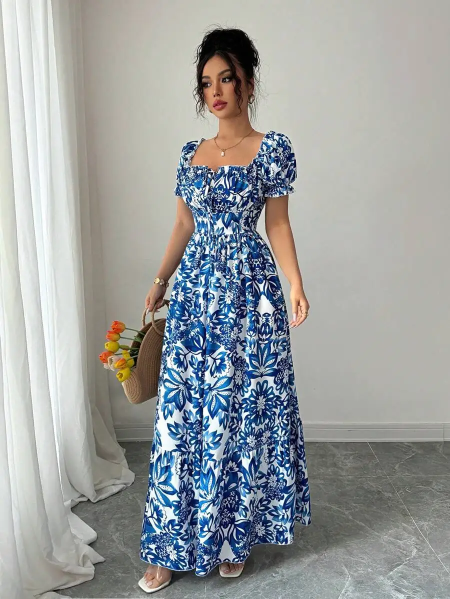 Elegant Blue Floral Print Dress for Women with Bubble Sleeves Long Casual Vacation Front Tie Back Gathered Waist view 4
