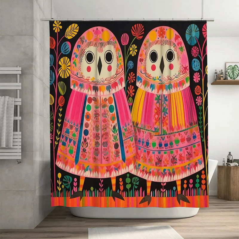 

Яркая занавеска для душа с принтом совы и черным фоном в народном стиле, идеально подходит для украшения ванной комнаты (180 x 180 см)