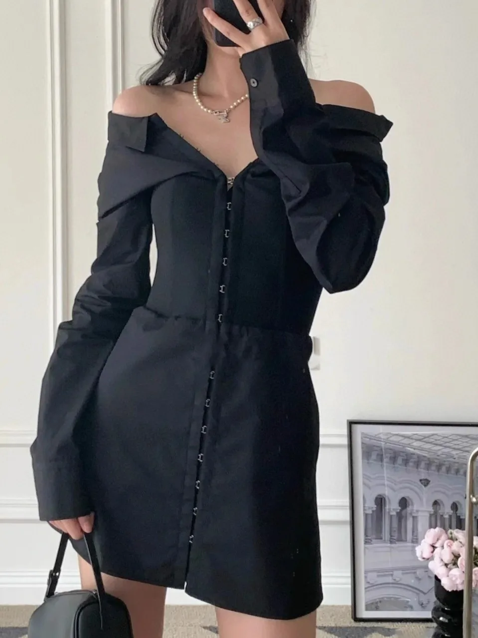 

Ele oulder Bared Fibone irt Dr Long Sve Waist Cinched Single Row Hook Closure Открытый кардиган Dr для женщин