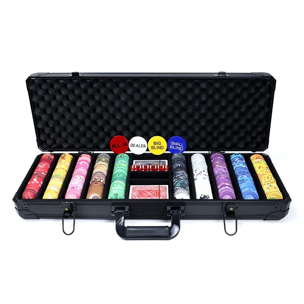 Professional 500 ceramic poker chips game set with black durable aluminum case with lock and other casino accessaries as picture