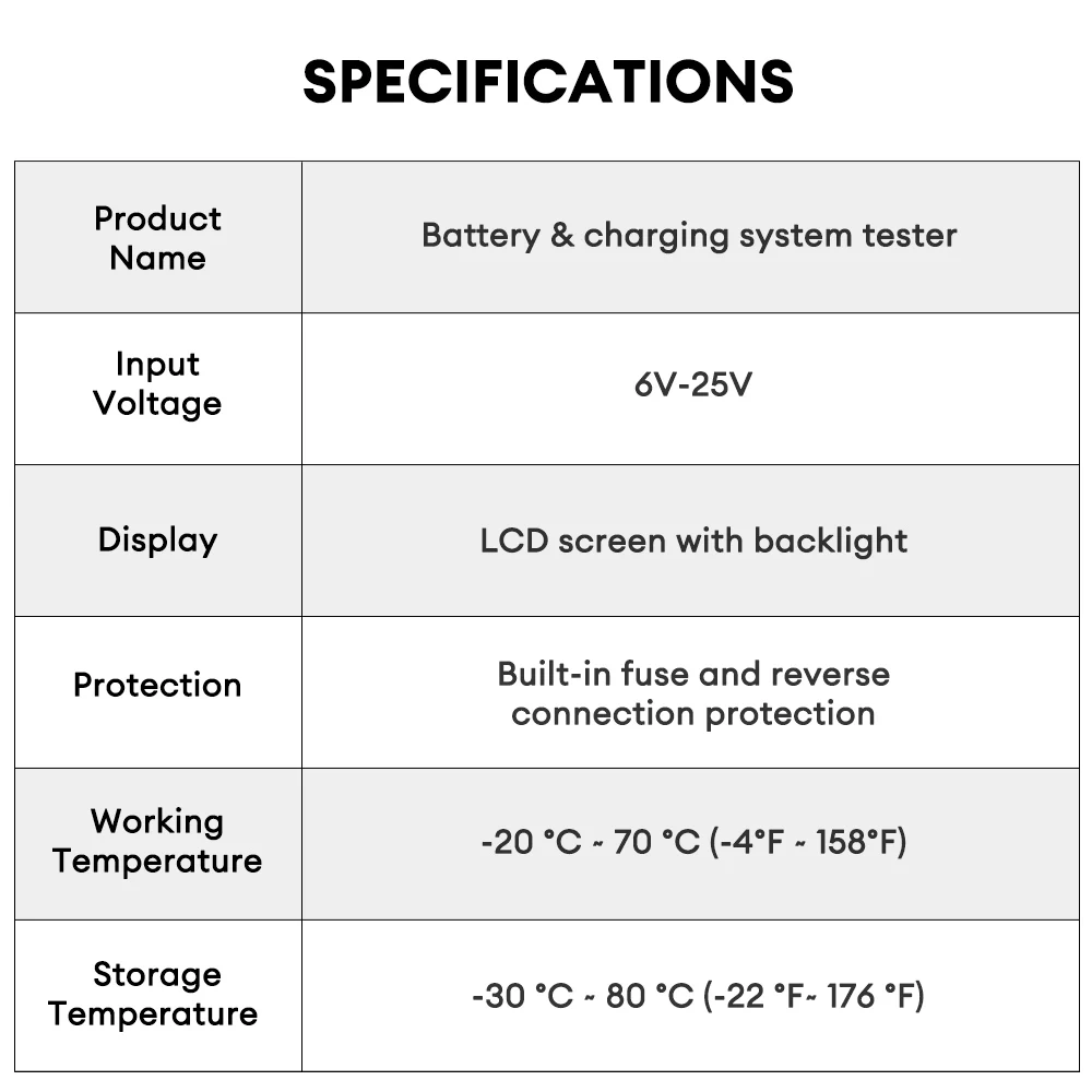 ANCEL BST60 12V Digital Car Battery Tester Battery Condition Tester Alternator Charging System Battery Test Cigarette Lighter