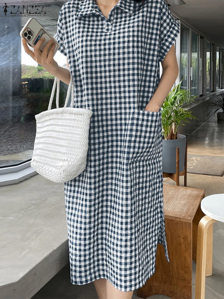 2023 ZANZEA Zomer Rasterprint Jurk Vrouwen Revers Hals Korte Mouw Zonnejurk Vintage Casual Vakantie Werk Vestido Gewaad Plaid Kaftan