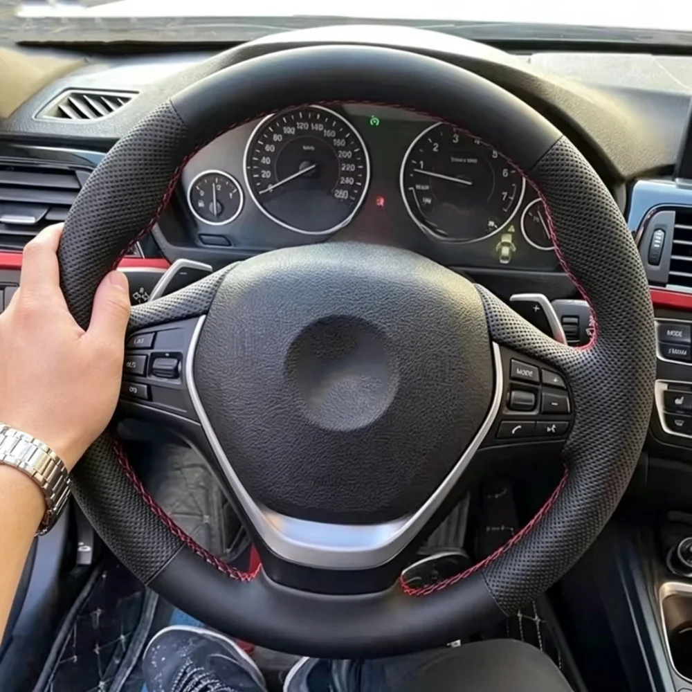 Autozubehör Handgenähter perforierter Kunstleder-Lenkradbezug für BMW 3er Serie F20 F21 F22 F30 F34 F36