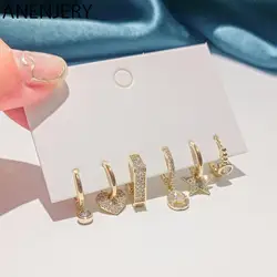 ANENJERY Silver Color Full Paved Zircon Square Heart Star Water Drop Pendant Hoops Female Luxury 6-piece Earring Set Wholesale