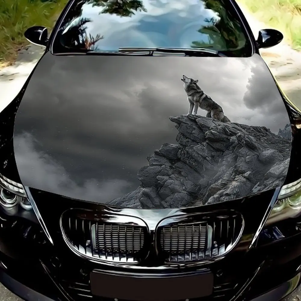 The Lone Wolf Howling On The Cliff Car Hood Decal - Durable PVC Vinyl Wrap, Fits Most Vehicles, Waterproof And Scratch-resistant