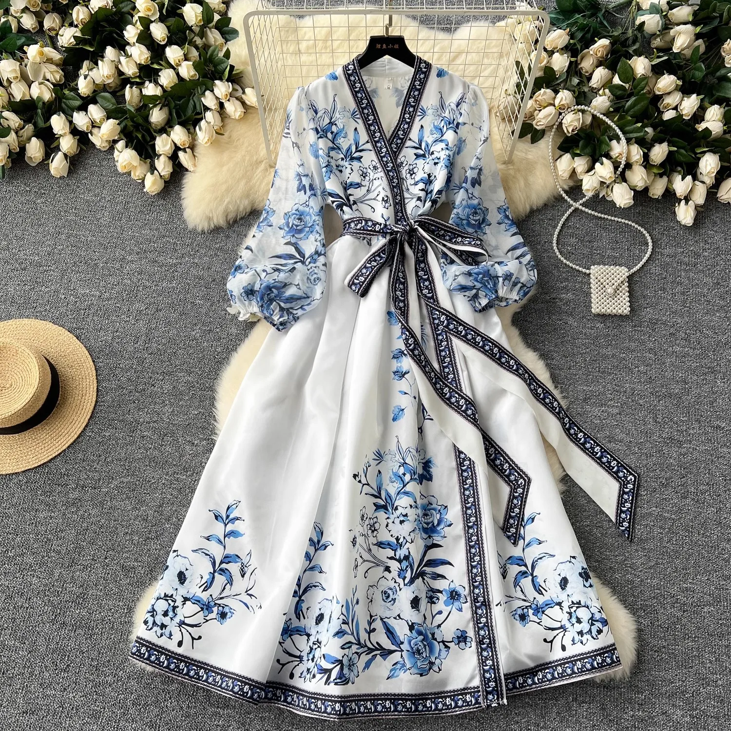 Women Long Lantern Sleeve Chiffon Patchwork Thick Stain V-Neck Retro Flower Print Belt Lace Up Wrap Dress Long Party Vestidos