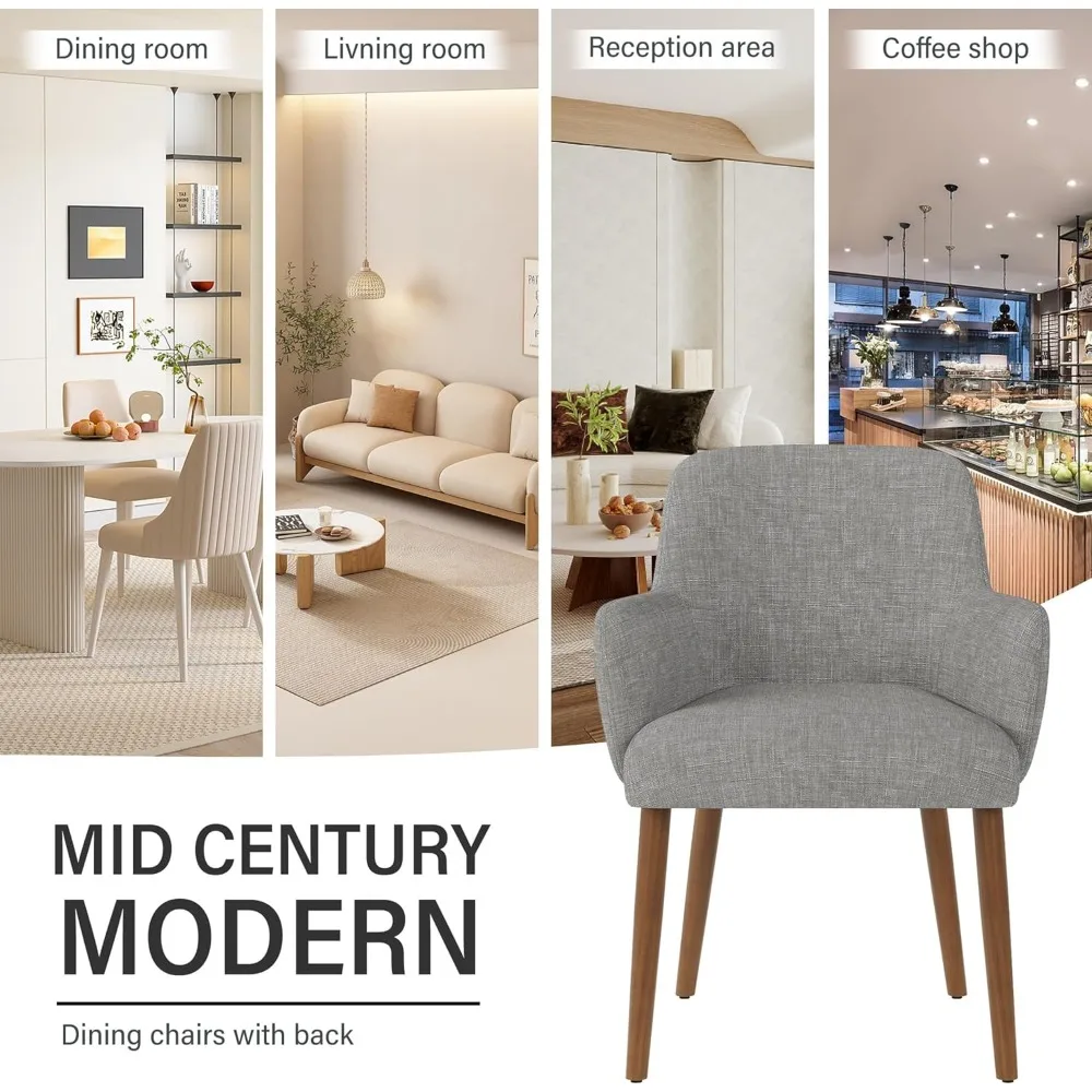 زوج من كراسي تناول الطعام المنجدة من القماش المعاصر مع مساند للذراعين المنحنية وأرجل خشبية