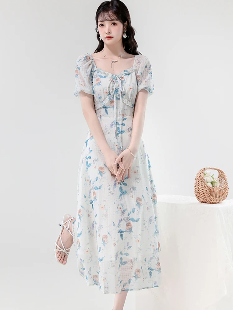 Women Floral Chiffon Chic Ruffled Bow Square Collar Long Dress 2025 Boho Elegant Bodycon Holiday Dress Summer Casual Party Dress