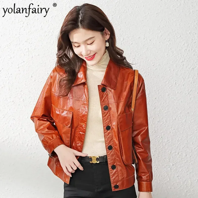 

Top Layer Cowhide Leather Jacket Women Autumn 2022 New Orange Yellow Leather Coat Women's Short Big Pocket Loose Korean Tops FCY