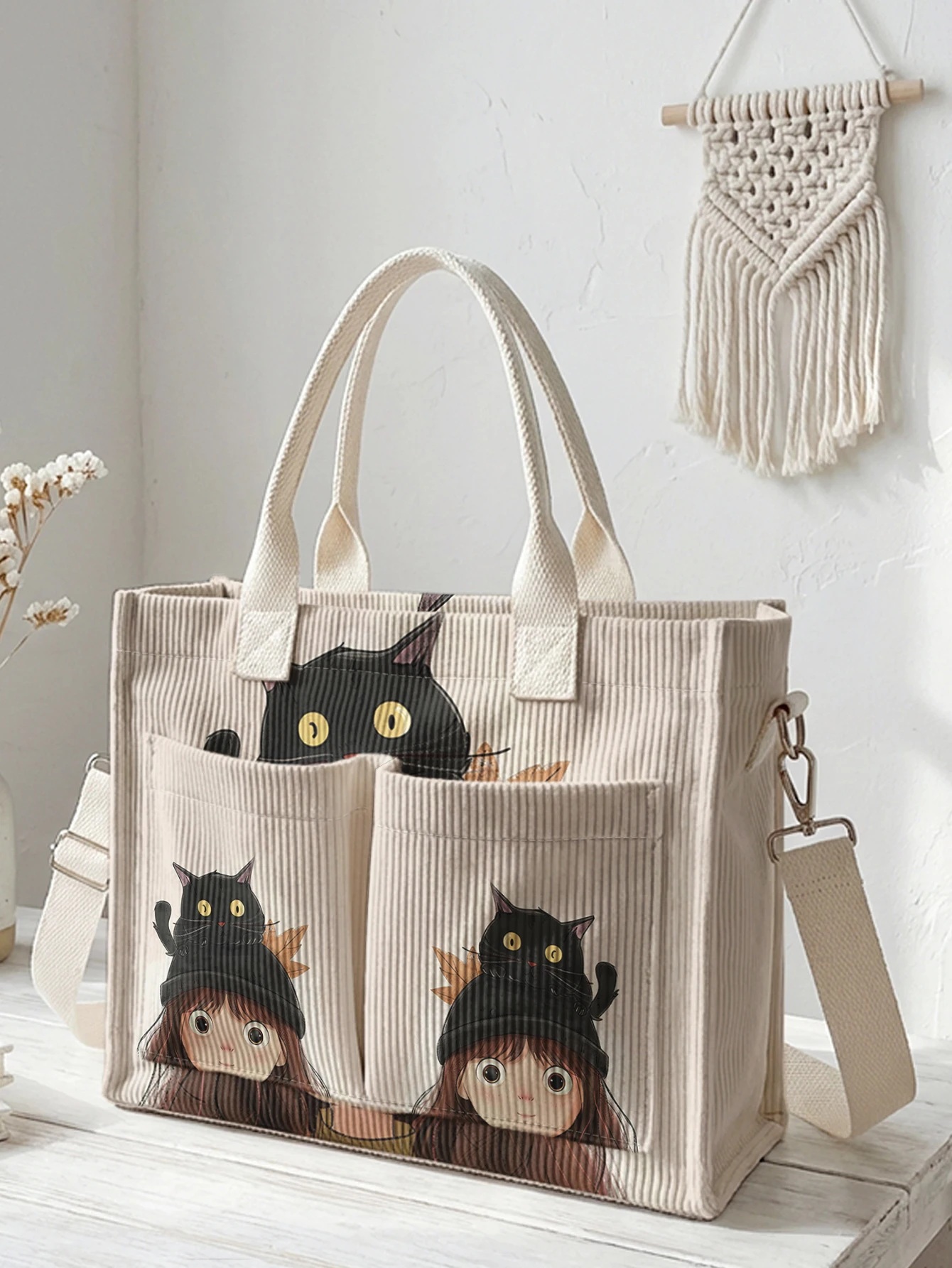 

Cute Girl & Black Cat Print Corduroy Tote Bag Large Capacity Multi Pocket Cartoon Commuter Shoulder Bag