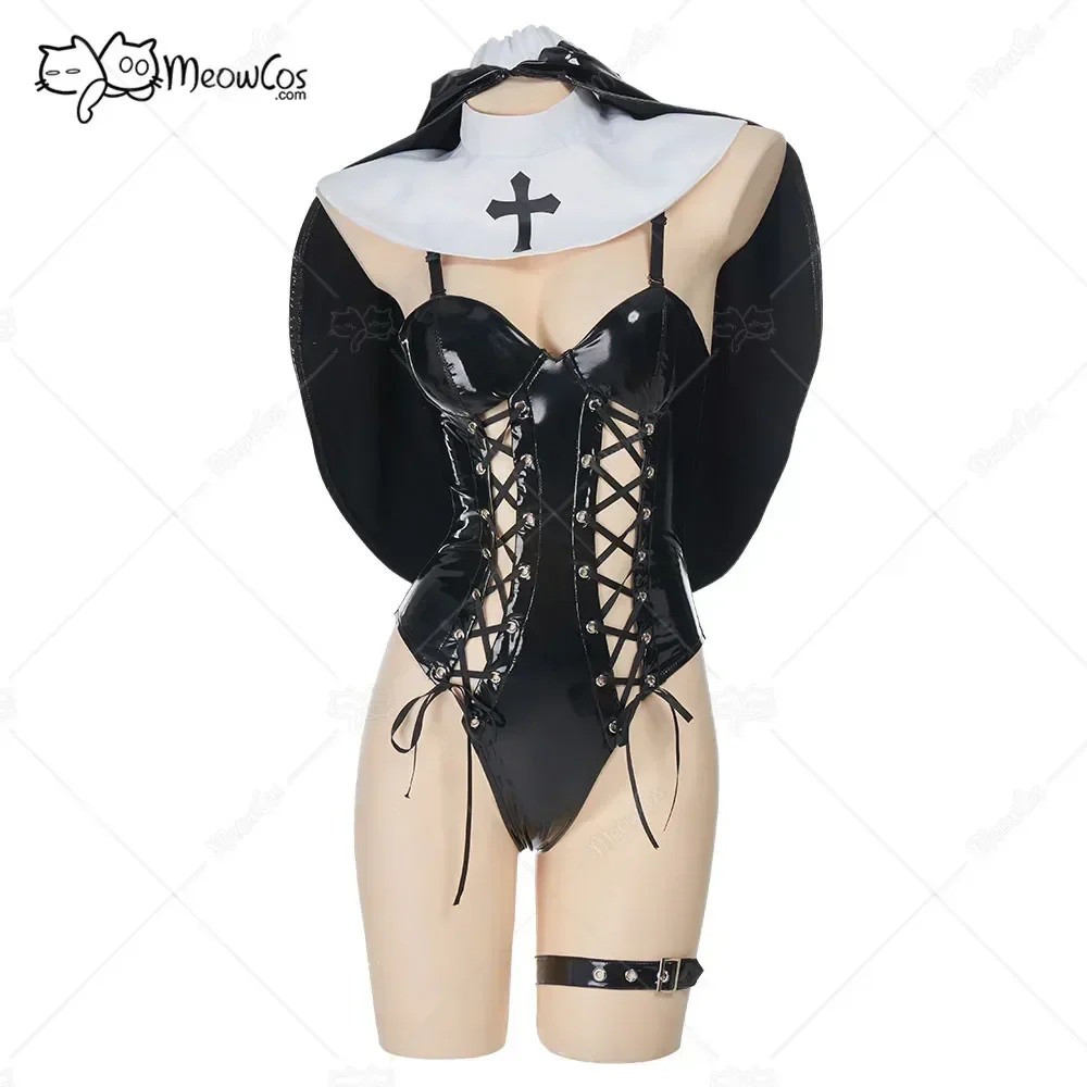 MEOWCOS Gothic Sexy Lingerie Set Nun Suit Lace-up Hollow Bodysuit Lingerie Sleepwear Costume Outfit with Headwear and Gloves