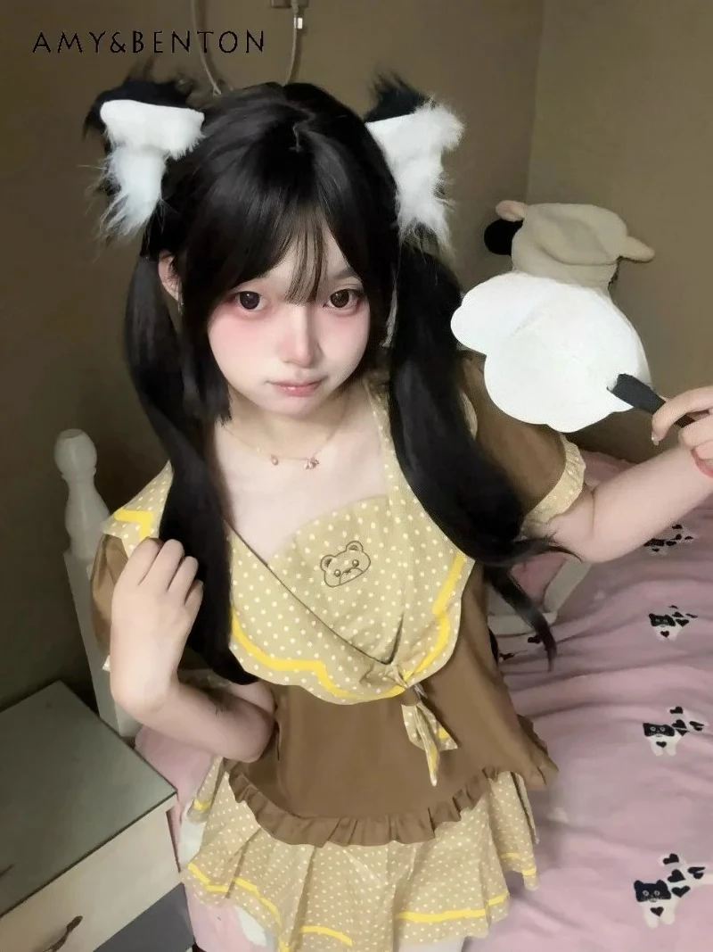 

2025 New Japanese Summer Original Design Biscuit Bear Brown Sailor Collar Top with Polka Dot Skirt Cute Suit For Female