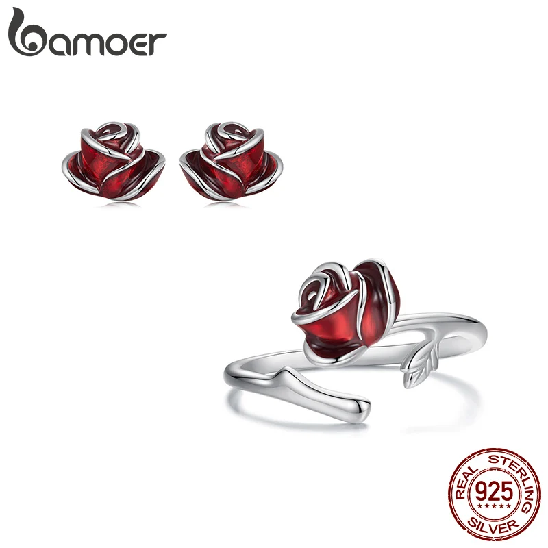 

Bamoer 925 Sterling Silver Red Rose Ring Stud Earrings Elegant Women's Sets Jewelry Anniversary Wedding Engagement Fashion Gift