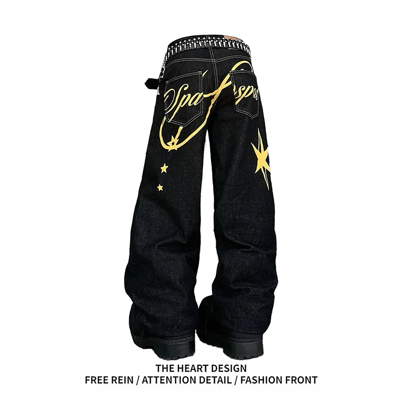 

ZHIZOU Women Black Gothic Y2k Print Jeans Baggy Aesthetic Denim Trousers Harajuku Oversize Jean Pants Vintage 90s Trashy Clothes