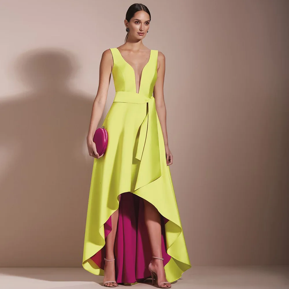 Formal Party Dress for Women Deep V Neck A Line Asymmetrical Evening Long Sleeveless High-Low Color Contrast Gowns
