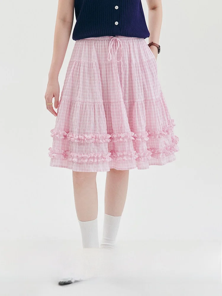 AMUU Original Pink Plaid Pure Cotton Wooden  Short Skirt Women's Summer New Half Skirt Korean Style High Waist A-Line Skirt