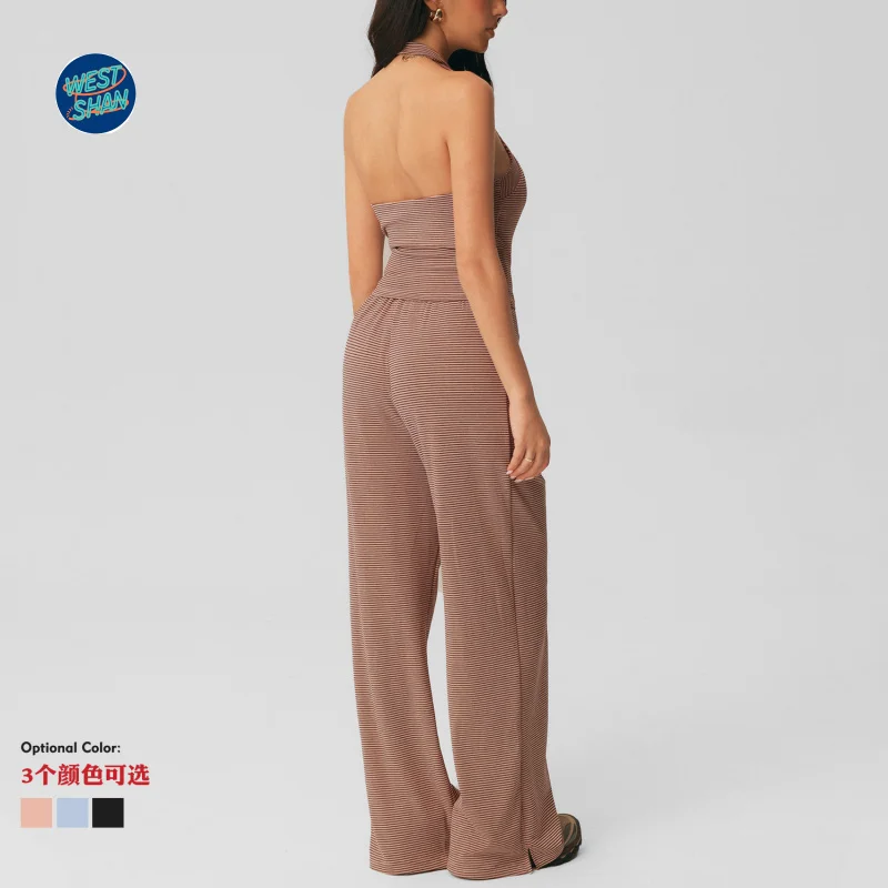 WESTSHAN EU US Size Luxury Quality Casual Stripe Wide-Leg Pants Set Halter-Neck Top With Built-In Bra Pilates Yoga Set