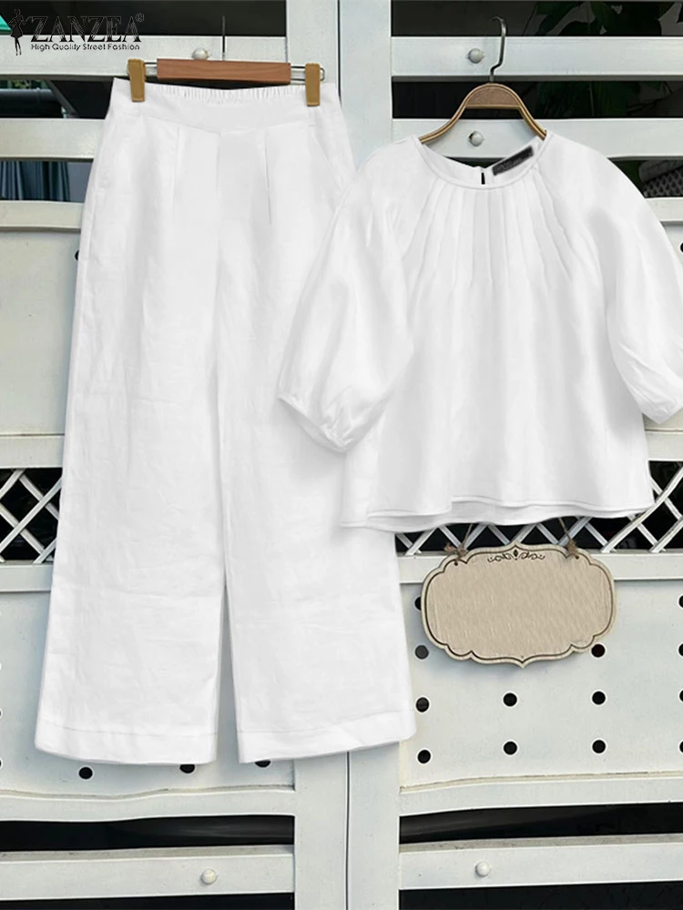 

ZANZEA Casual Loose 2 Piece Woman Sets 2025 Summer 3/4 Puff Sleeves Pintuck Blouses Wide Leg Pants 2PCS Outfits Solid Pant Sets