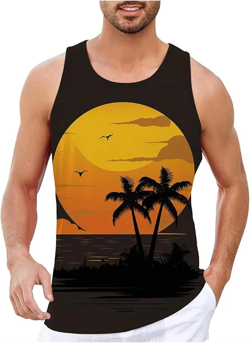 New Summer Coconut Tree Tank Top Men 3D Printed Beach The Sun Sets Pattern Vest Street Casual Sleeveless Tops Mens Clothing Ropa