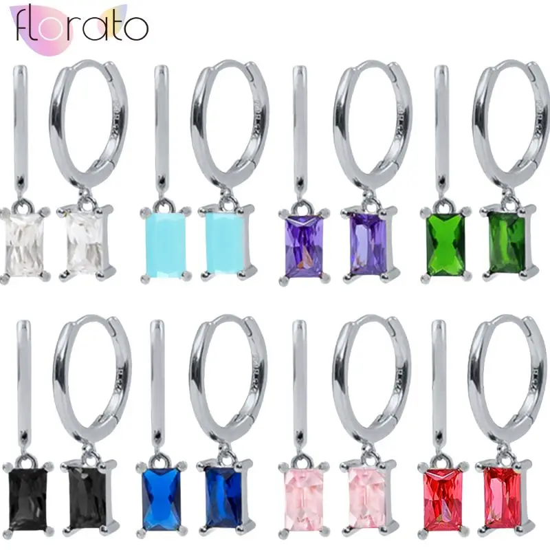 

925 Sterling Silver Needle Dainty & Minimalist Baguette CZ Colored Zircon Charm Hoop Earrings Fashion Jewelry Accessories Gift