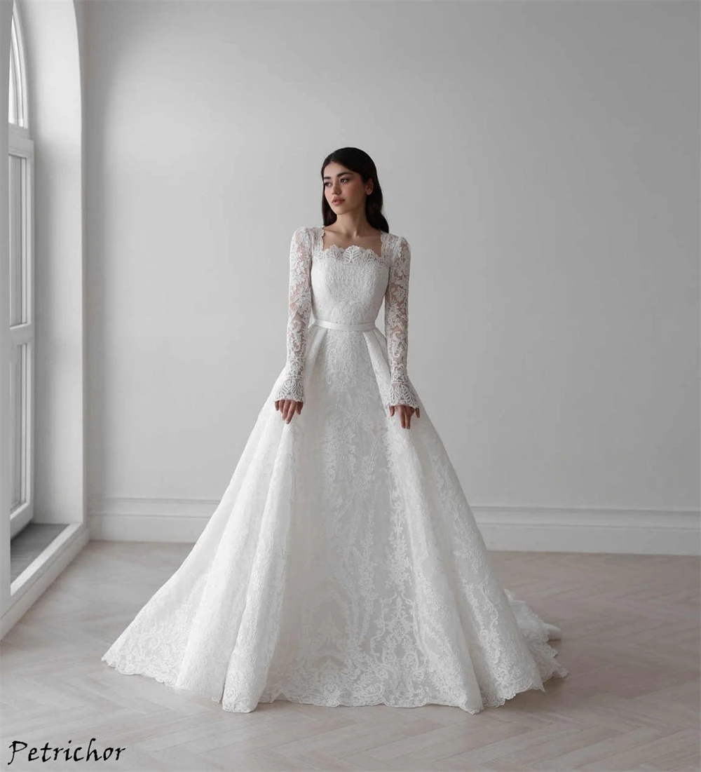 Maßgeschneidertes, hochwertiges Brautkleid aus weißer Spitze, bezaubernde lange Ärmel, Brautkleider, klassischer quadratischer Kragen, A-Linie, Robe de Mariée