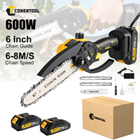 CONENTOOL Cordless Electric Chainsaw,2 Battery 2 Chains,6 inch,Branch Pruning,Handle Protable,6-8m/s,Wood Branch Gardening Tool