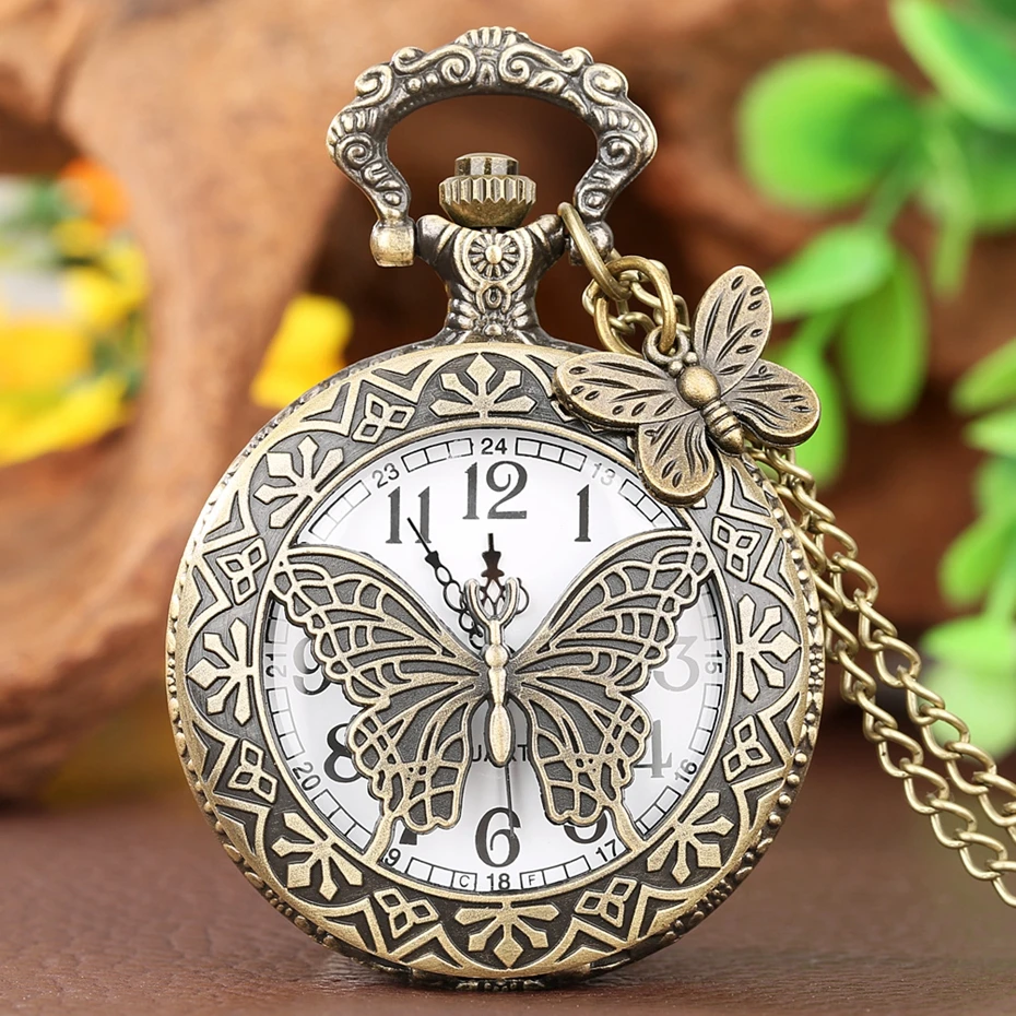 Antique 3D Butterfly Hollow Case Design Quartz Pocket Watch Chain Steampunk Necklace Pendant Fob Watch Best Collectibles Gifts