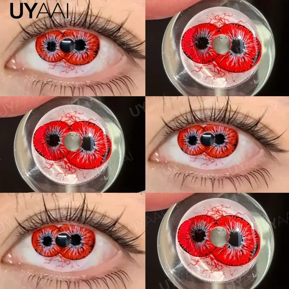 UYAAI 1 Paar Cosplay-Kontaktlinsen in roter Farbe, Halloween-Linsen für gruselige große Augen, verrückte rote Augen-Make-up-Linsen für Cosplay-Partys