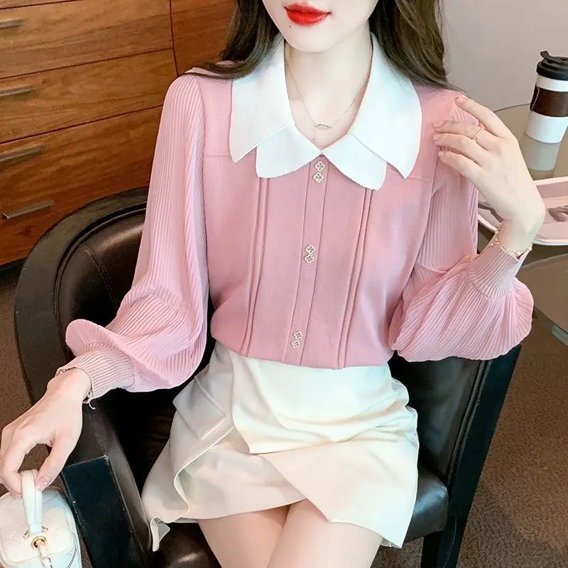 Sweet Fashion Peter Pan Collar Spliced Knitted Tops for Female Autumn Elegant Thin Contrast Color Sweaters Women\'s Clothing