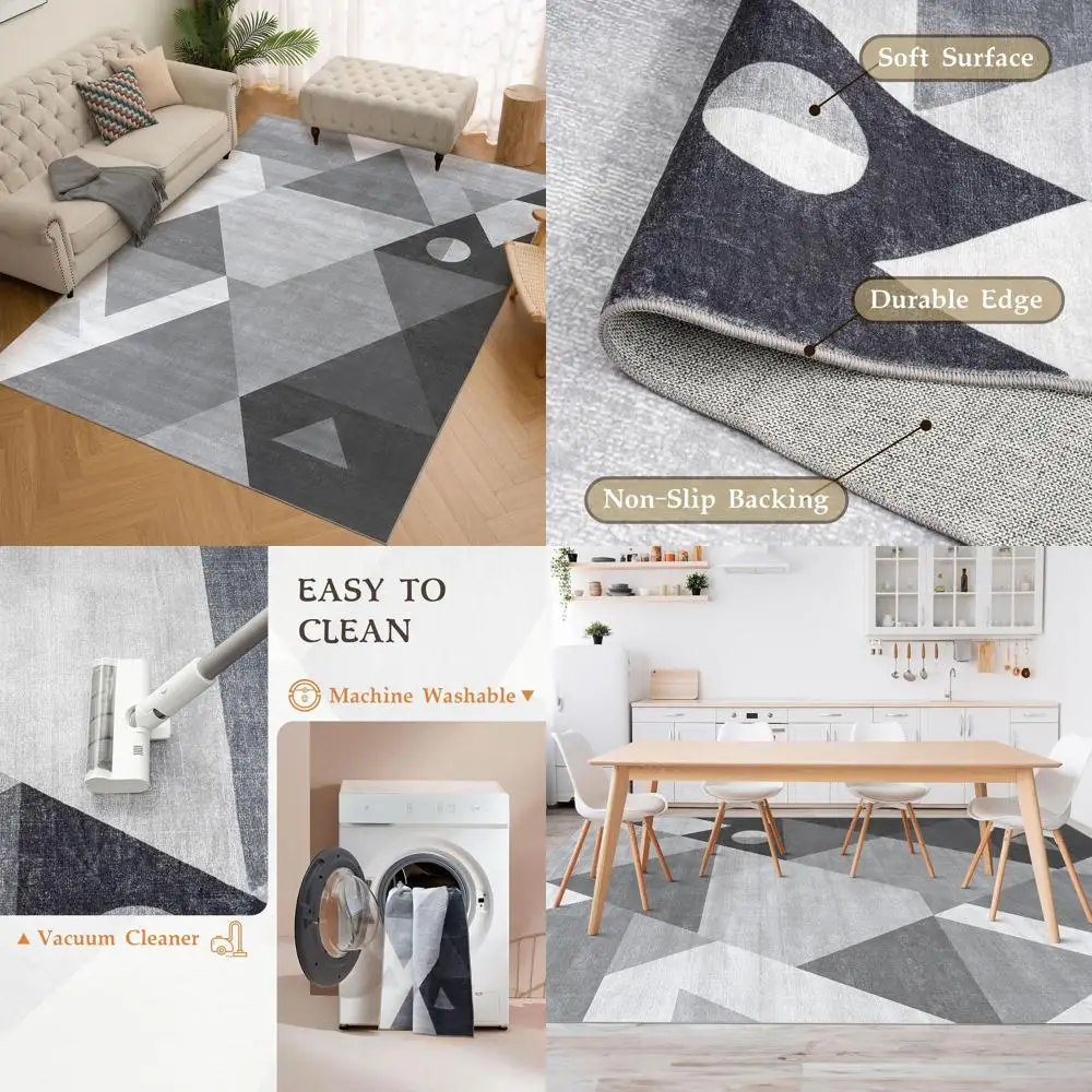 

Geometric Pattern 5x7 Washable Area Rug for Living Spaces - Grey, Non-Slip, Non-Shedding