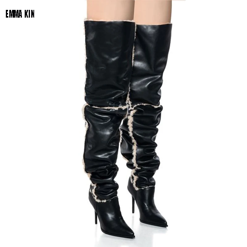 

Women's Large Knee Boots 2023 Autumn/Winter New Sexy Pu Pointed Side Zipper High Thin Heel Fashion Long Boots Folds Boots 44