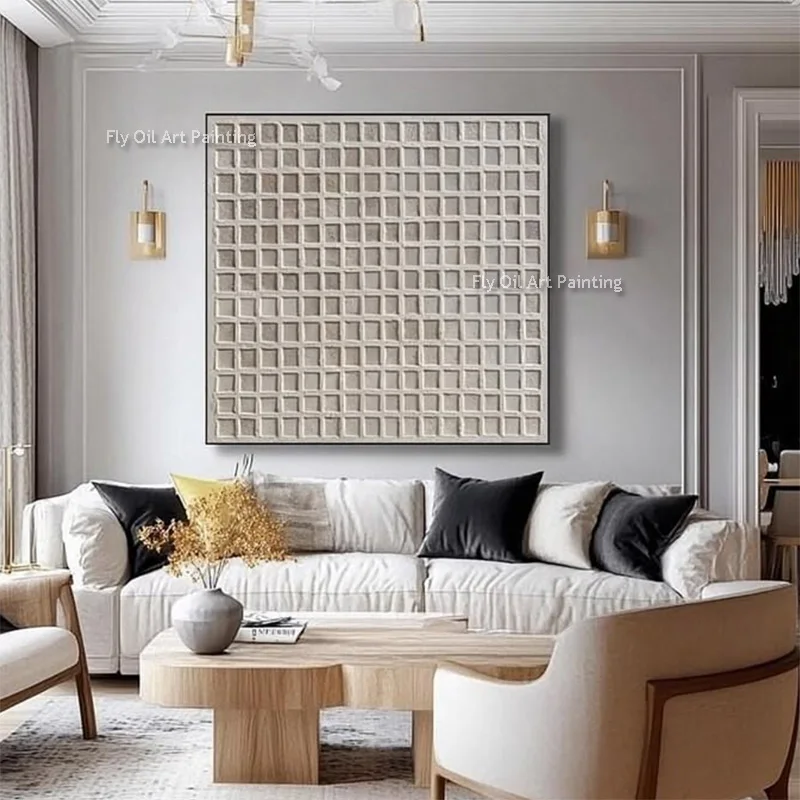 Popular Brown Beige Blocks Oil Painting New Original Design Hand Made Grey Grids Abstract Home Wall Art Decor Items As Gifts