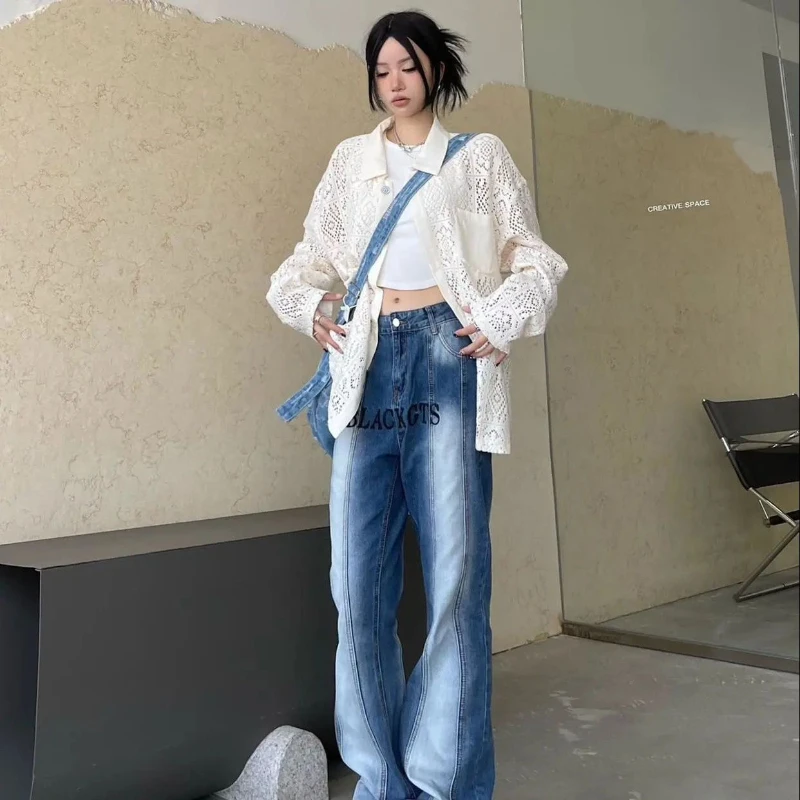 2025 verão feminino americano retro polo pescoço oco camisa solta versátil cardigan topo